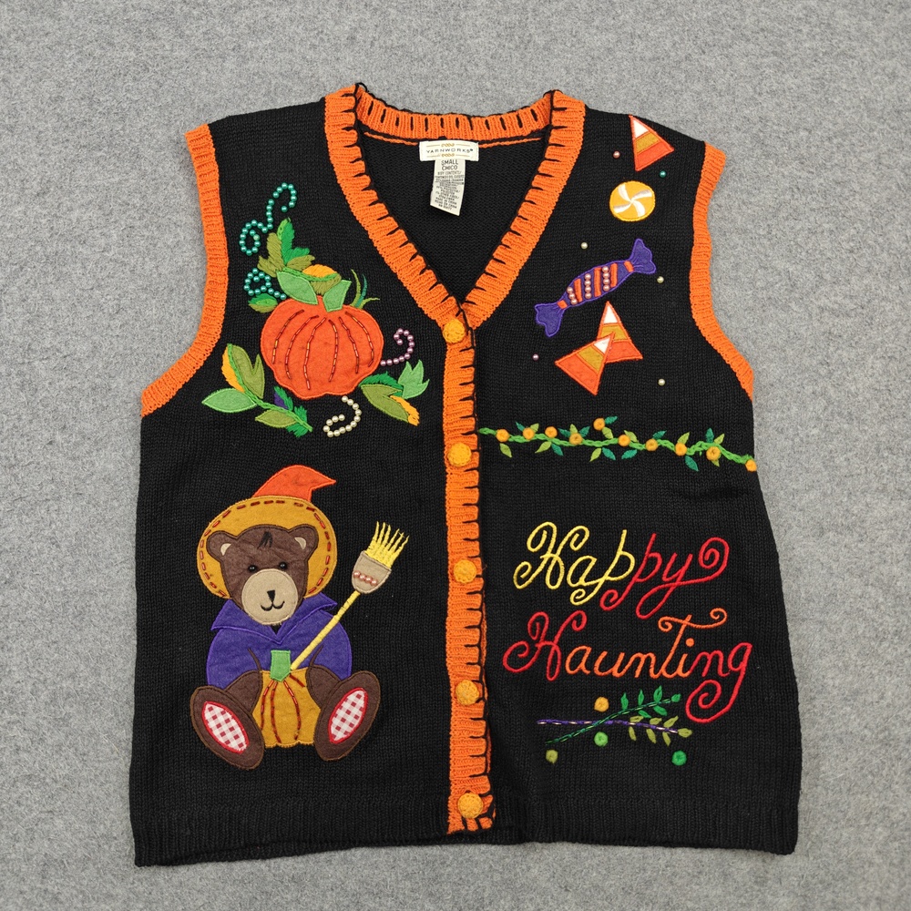 Vintage YarnWorks Vest Womens Small Black Halloween Embroidered Beaded 90s